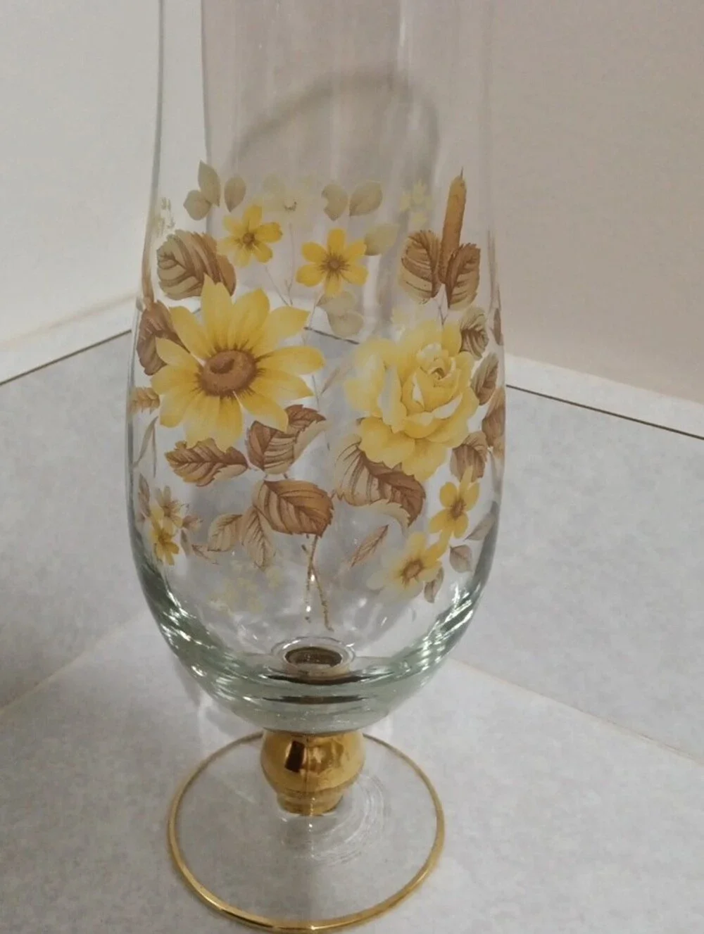 Glass Floral Hurricane Vase with Gold Trim - Yellow